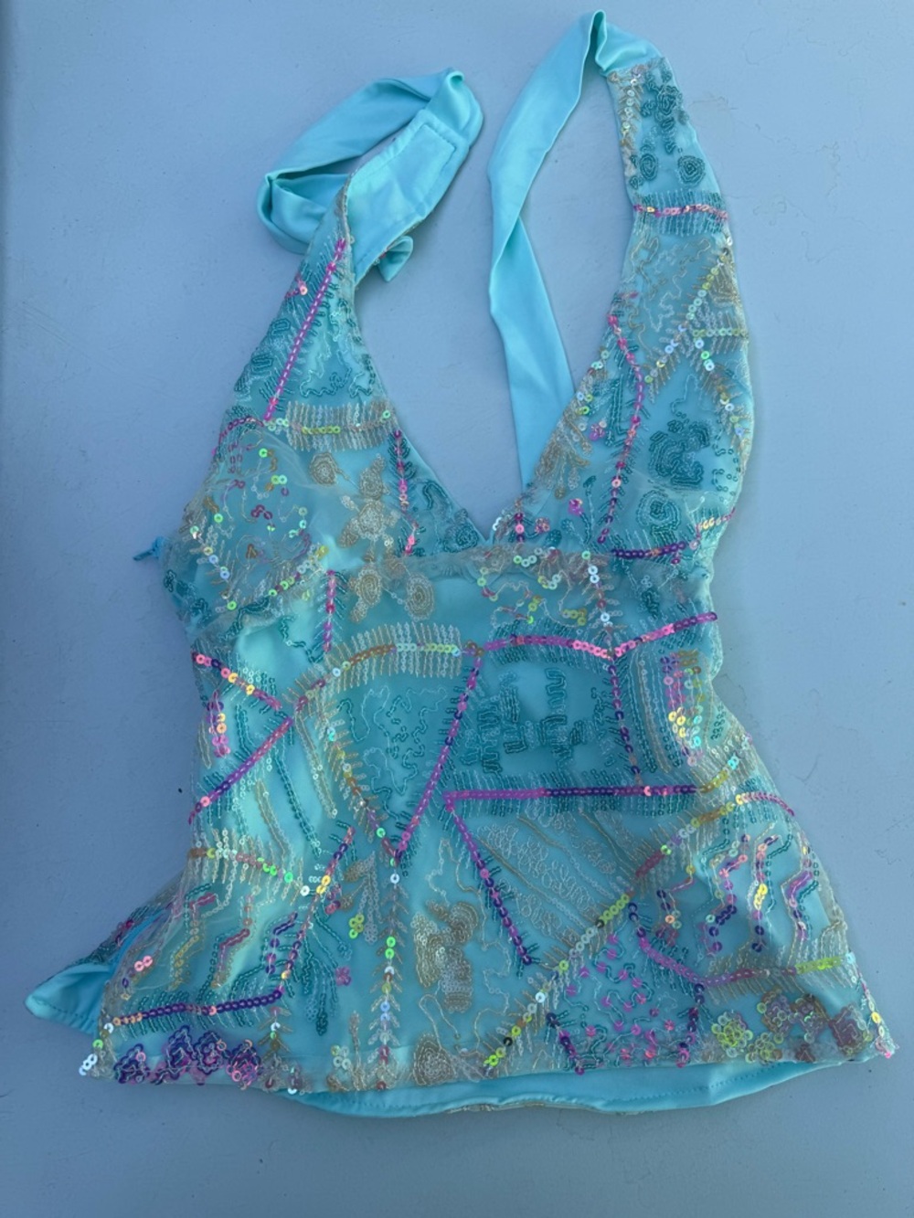 Aqua Sequin Halter Tank Top Size S